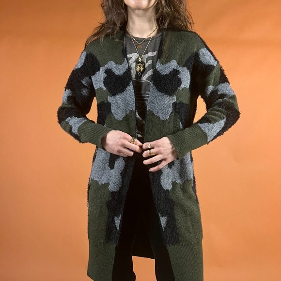Fuzzy Camo Printed Open Long Cardigan Sweater - Grunge, 90s, 00s - Size XS - Picture 3 of 13